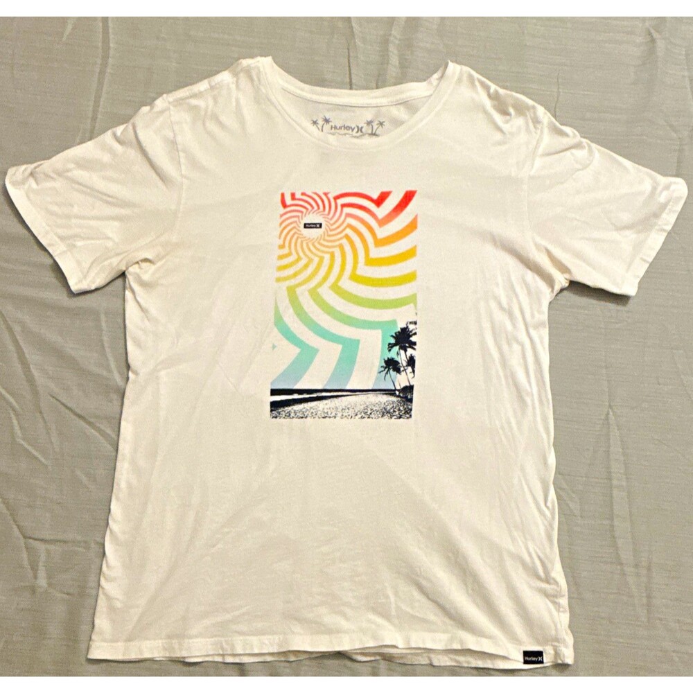 Hurley Men's L White Graphic Beach Palm Tree Classic Logo T-Shirt Soft Cotton